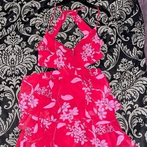Red and pink floral and flower dress with mid section cut out